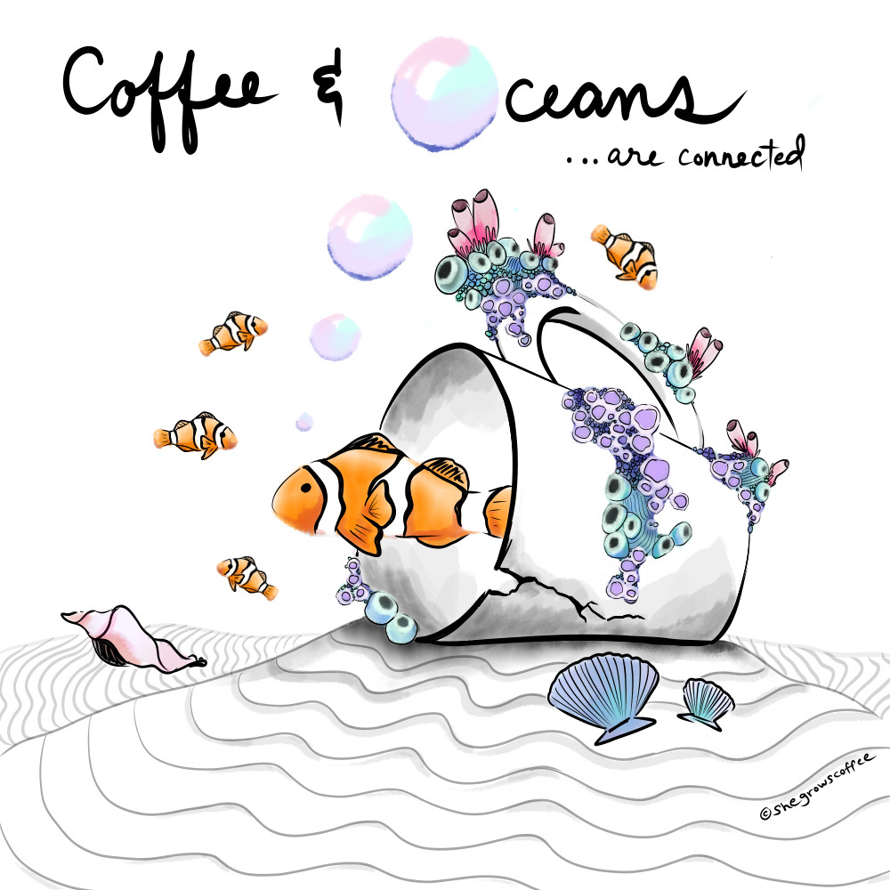 Graphic of a coffee cup at the bottom of the sea with barnacles on it.